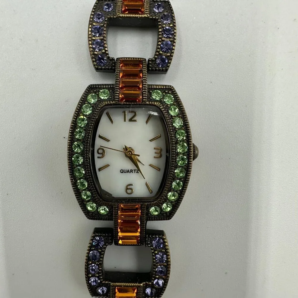 LA Vintage Rhinestone Watch Women Bronze Tone Green Purple New Battery 6.75 Inch